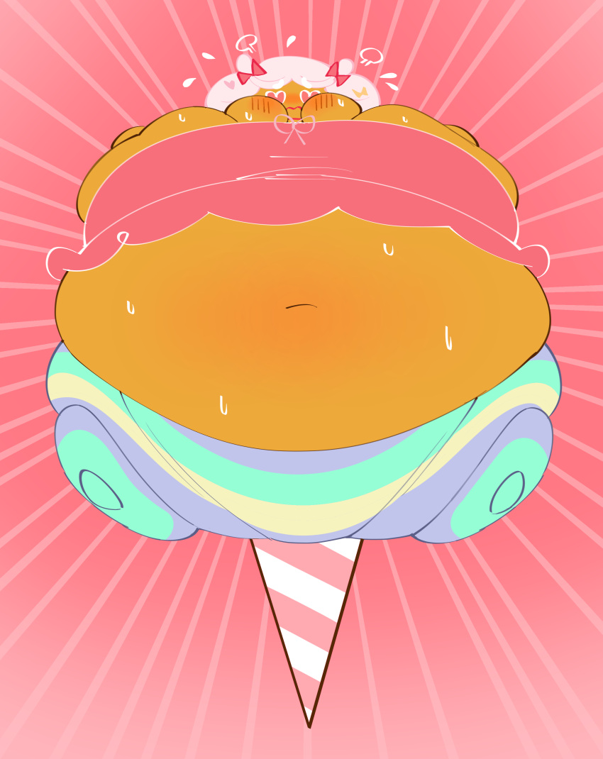 absurd res anthro belly inflation blush cone cookie run cotton candy cookie full body inflation heart eyes inflation mintrimo pink background spherical inflation sweat
