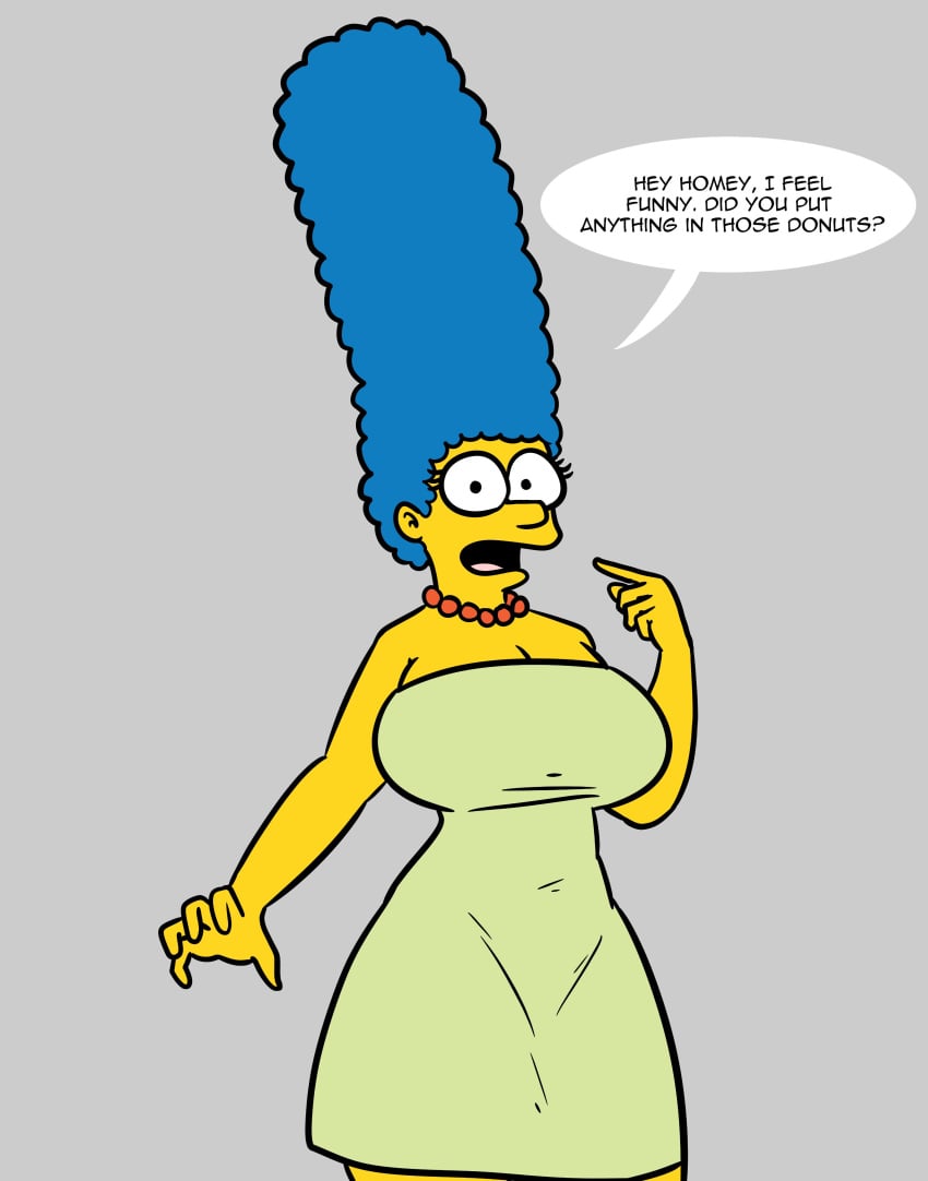 1girl 20th_century_fox blue_hair breast_expansion confused dress english_text female fully_clothed large_breasts looking_at_viewer marge_simpson max1mus pre-transformation text text_bubble the_simpsons yellow_skin