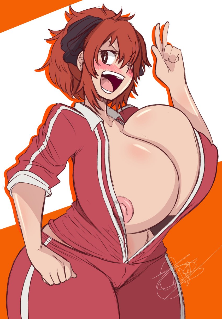 1girls areola_slip areolae big_breasts blush breasts cleavage clothed clothed_female crysnickel eyebrows_visible_through_hair eyelashes female female_only huge_breasts human human_only maken-ki! nipple_slip nipples open_clothes open_mouth ponytail red_hair rokujou_minori smile solo solo_female sports_uniform tagme tied_hair track_suit uniform v_sign