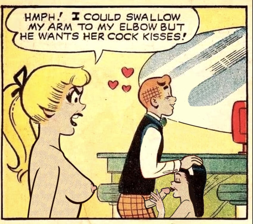 anotherymous archie_andrews archie_comics betty_and_veronica betty_cooper black_hair blonde_hair blowjob brown_hair casual comic_panel female human pale_skin public teenager veronica_lodge