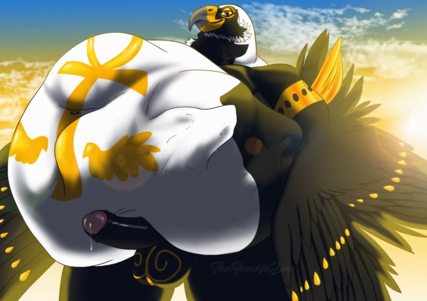 2020 after_vore anthro anthro_pred avian ball_markings balls beak belly belly_markings big_balls big_belly biped bird black_body black_feathers bodily_fluids cloud deity digital_media_(artwork) dripping egyptian egyptian_mythology erection falcon falconid feather_hands feathered_wings feathers front_view genital_fluids genital_markings genitals ghriar_(agtnightwolf) glans grey_beak humanoid_genitalia humanoid_penis lens_flare light lighting male male_pred markings middle_eastern_mythology multicolored_beak multicolored_body multicolored_feathers mythology non-mammal_balls orange_eyes overweight overweight_anthro overweight_male penis pink_glans precum precum_drip precum_string shaded signature sky smile smirk soft_vore solo stomach_bulge sun sunlight tail_feathers thefreckleden thick_thighs two_tone_beak unseen_character vore watermark white_body white_feathers wings yellow_beak yellow_body yellow_feathers