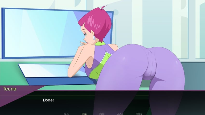 1girls ass ass_focus ass_up big_ass breasts_on_table cameltoe clothed computer dialogue earrings female_only hand_on_chin human juiceshooters keyboard monitor pants pink_hair short_hair table tecna tecna_(winx_club) winx_club