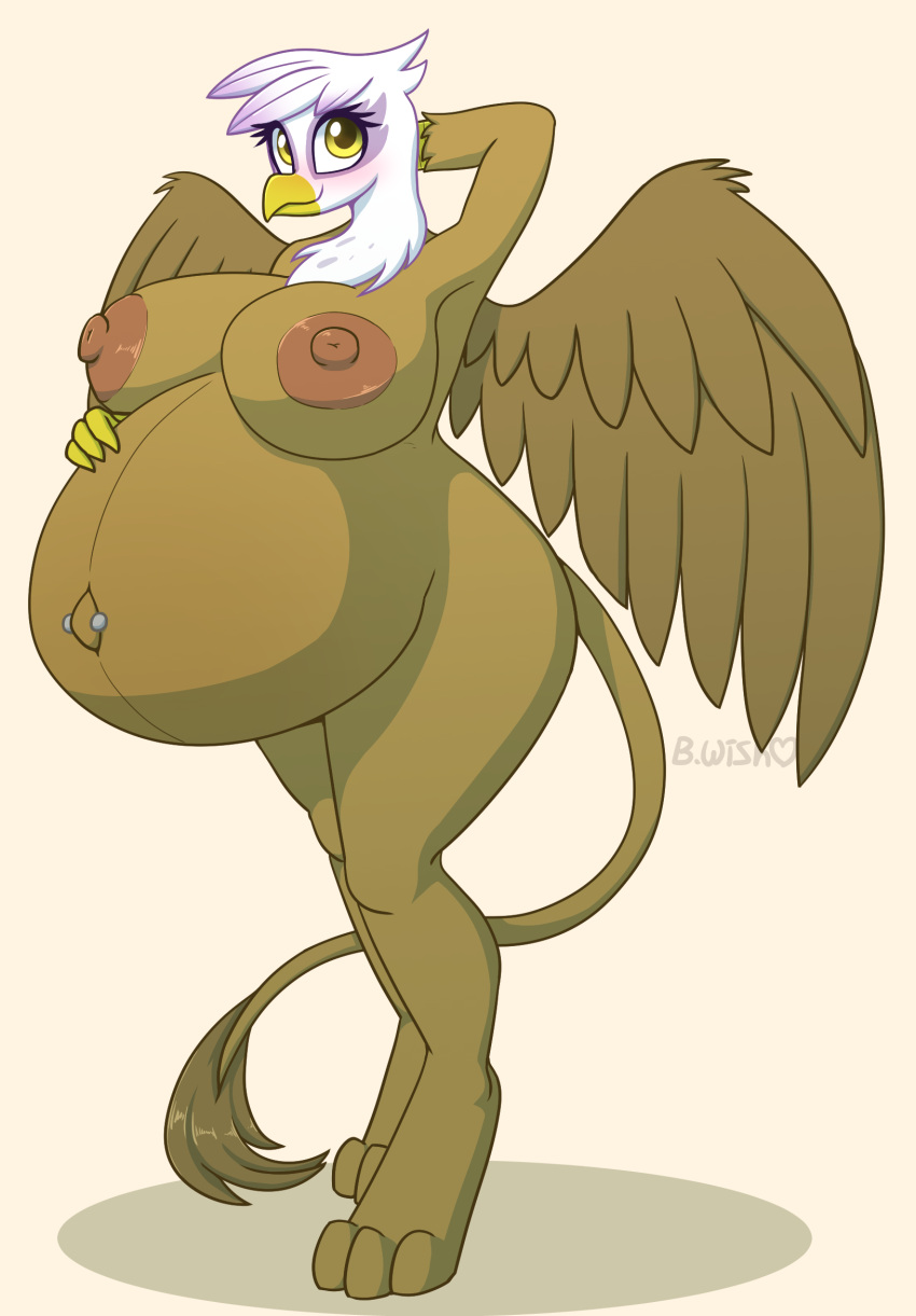 2019 anthro anthrofied avian beak belly big_belly big_breasts bird breasts bumpywish digital_media_(artwork) feathered_wings feathers female friendship_is_magic fur gilda_(mlp) gryphon hasbro hi_res huge_breasts mammal my_little_pony mythological_avian mythology nipples non-mammal_breasts overweight overweight_anthro overweight_female pregnant smile solo wings