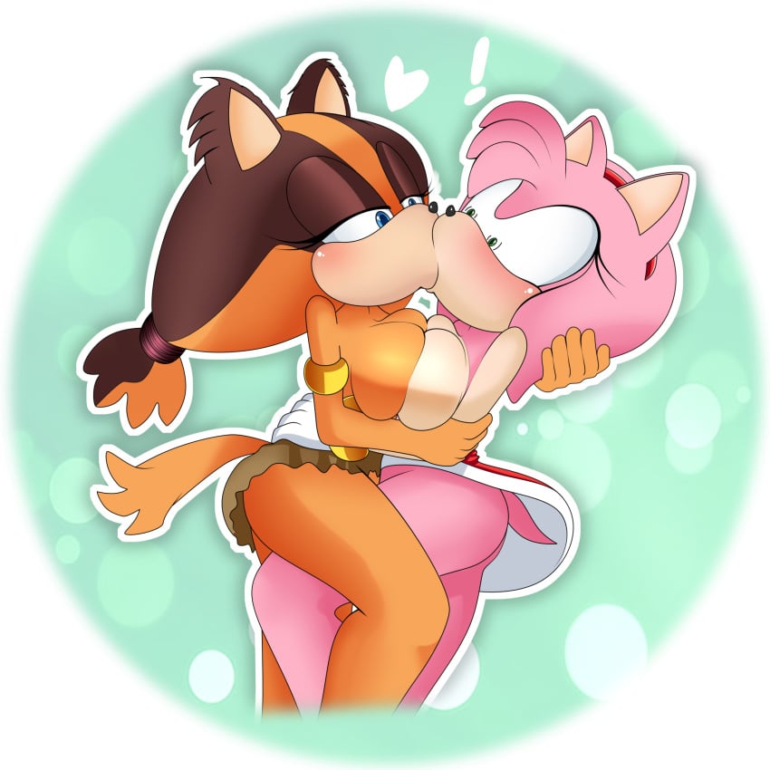 2girls amy_rose anthro breast_press breasts breasts_pressed_together female/female kissing lluanhyperzero sonic_(series) sticks_the_badger surprise_kiss surprised symmetrical_docking tagme tail yuri