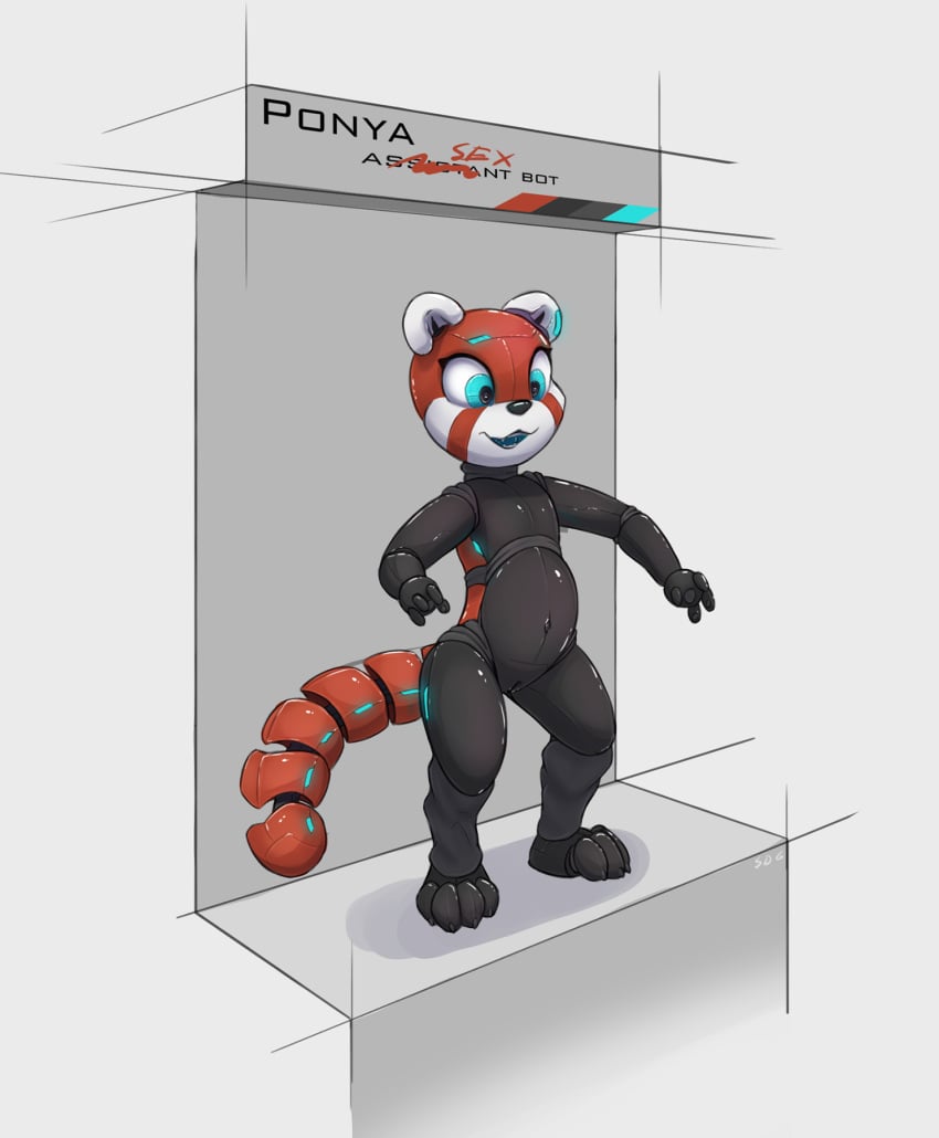 ailurid anthro belly black_body blue_eyes english_text female genitals hi_res looking_down machine mammal not_furry nude ponya_(slowderpyguy) pussy red_body red_panda robot simple_background slowderpyguy solo text white_background