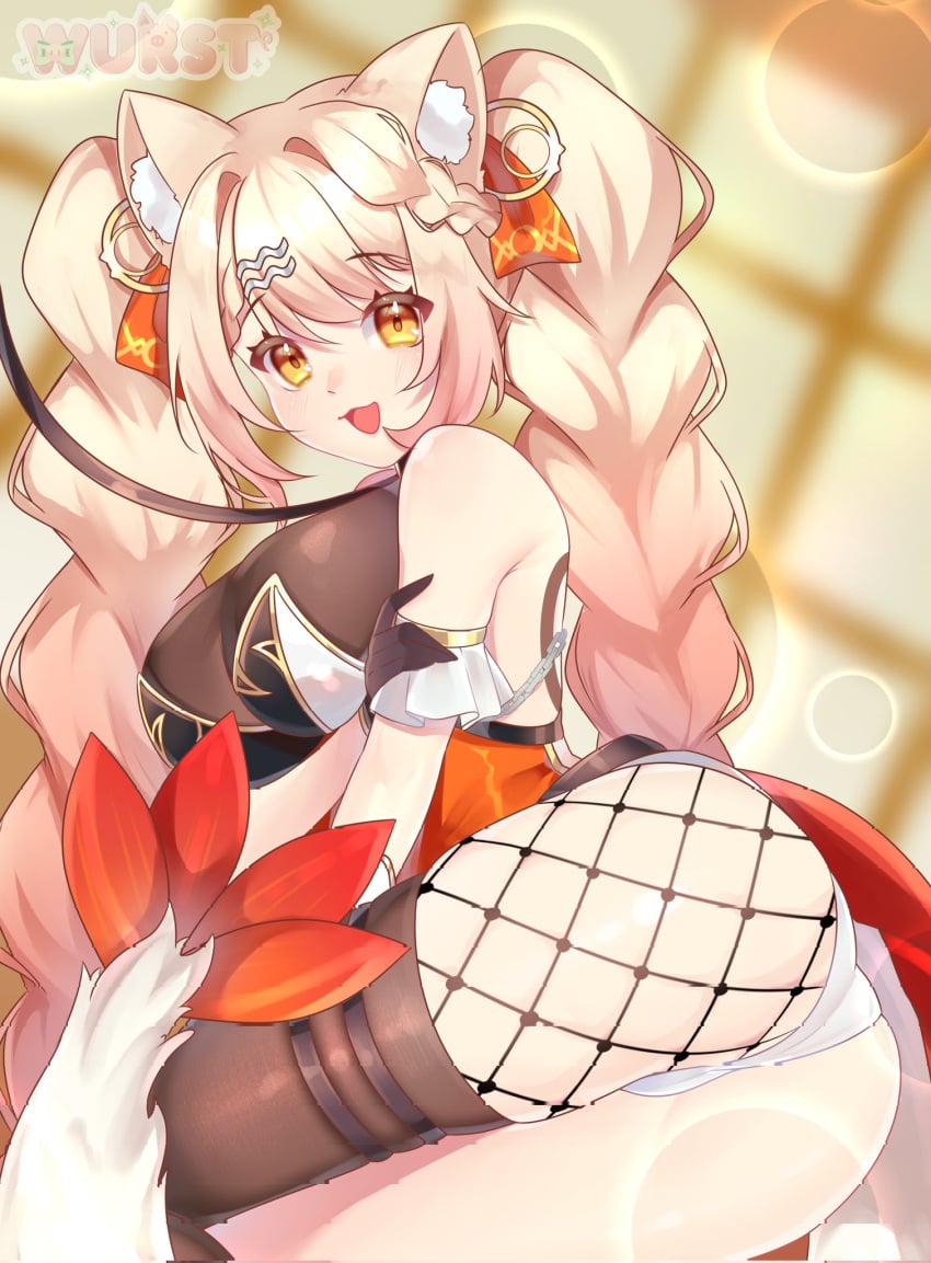 :3 animal_ear_fluff animal_ears ass bangs bare_shoulders black_gloves blonde_hair blurry braid breasts cat_ears collar ebiko_(vtuber) female fishnets gloves hair_ornament large_breasts leash long_hair looking_at_viewer open_mouth panties pantyhose smile solo tail thigh_strap thighs twintails underwear very_long_hair virtual_youtuber white_panties wurst yellow_eyes