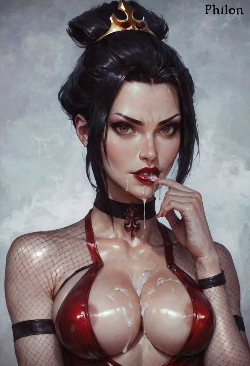 1girls ai_generated areola_slip avatar_legends avatar_the_last_airbender azula black_choker black_hair breasts brown_eyes center_opening choker cleavage collarbone covered_nipples cum cum_in_mouth cum_on_body cum_on_breasts facial female finger_to_mouth fingernails fire_nation fishnet_top fishnets hair_bun hair_ornament hand_up large_breasts lips lipstick looking_at_viewer makeup medium_breasts mole mole_on_breast nail_polish nipple_slip nipples philon red_lips red_nails shiny_skin single_hair_bun solo stable_diffusion upper_body