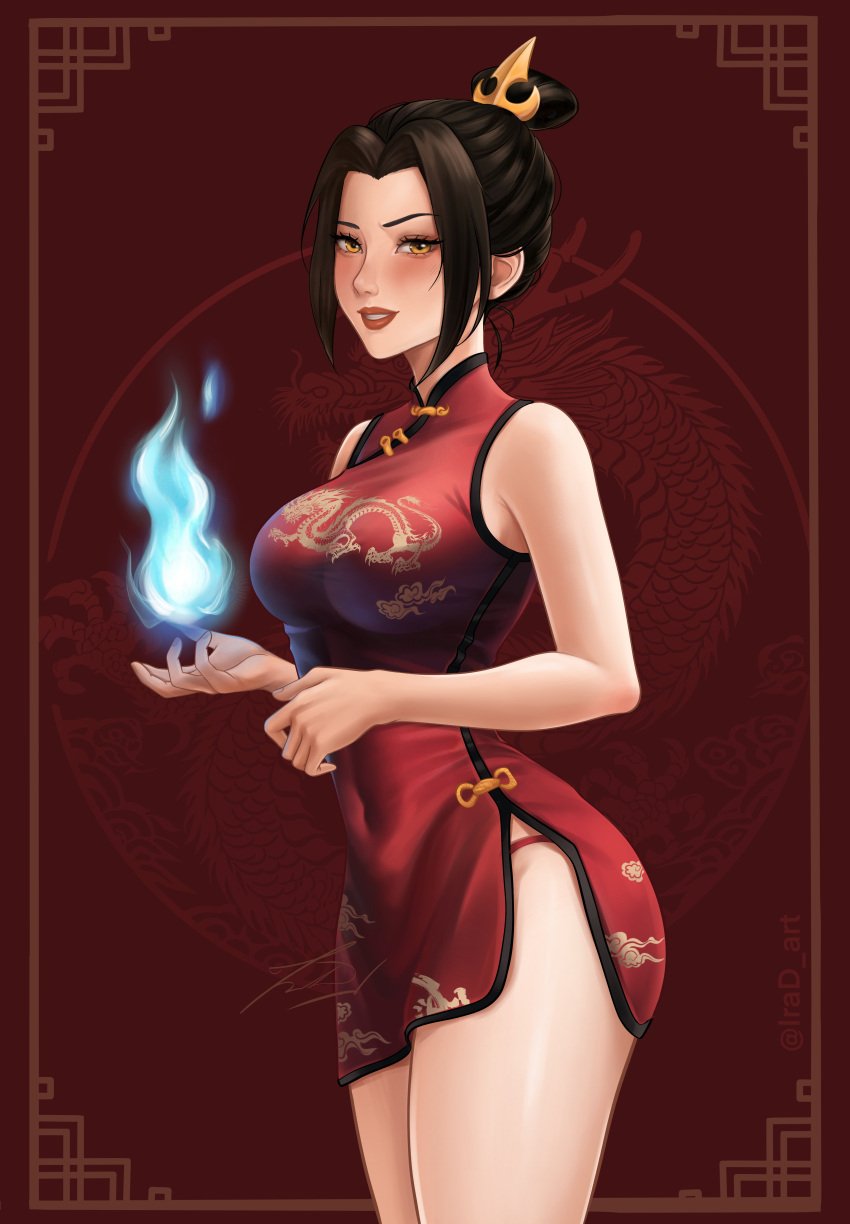 1girls avatar_legends avatar_the_last_airbender azula big_breasts black_hair blue_flame blush breasts cheongsam chinese_clothes chinese_dress clothing dress female female_only fire_nation flame hair hair_ornament hips irad_art lips red_dress short_dress smile solo solo_female thighs year_of_the_dragon yellow_eyes