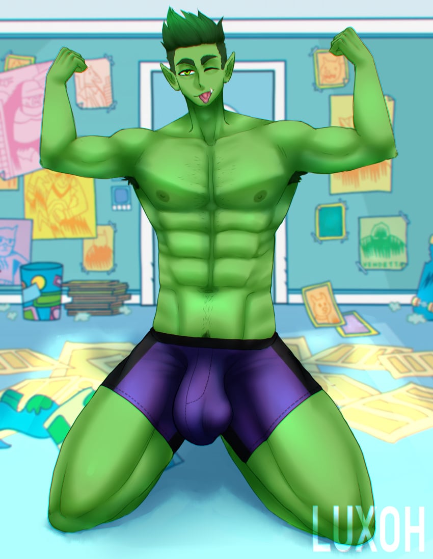 aged_up armpit_hair beast_boy beast_boy_(fortnite) beast_boy_(teen_titans) beast_boy_(young_justice) bedroom bulge bulge_through_clothing dc dc_comics dc_extended_universe flaccid flexing flexing_arms flexing_bicep flexing_muscles grown_up luxoh male_only muscular oerba_yun_fang posing posing_for_the_viewer solo solo_male teen_titans teen_titans_go titans underwear