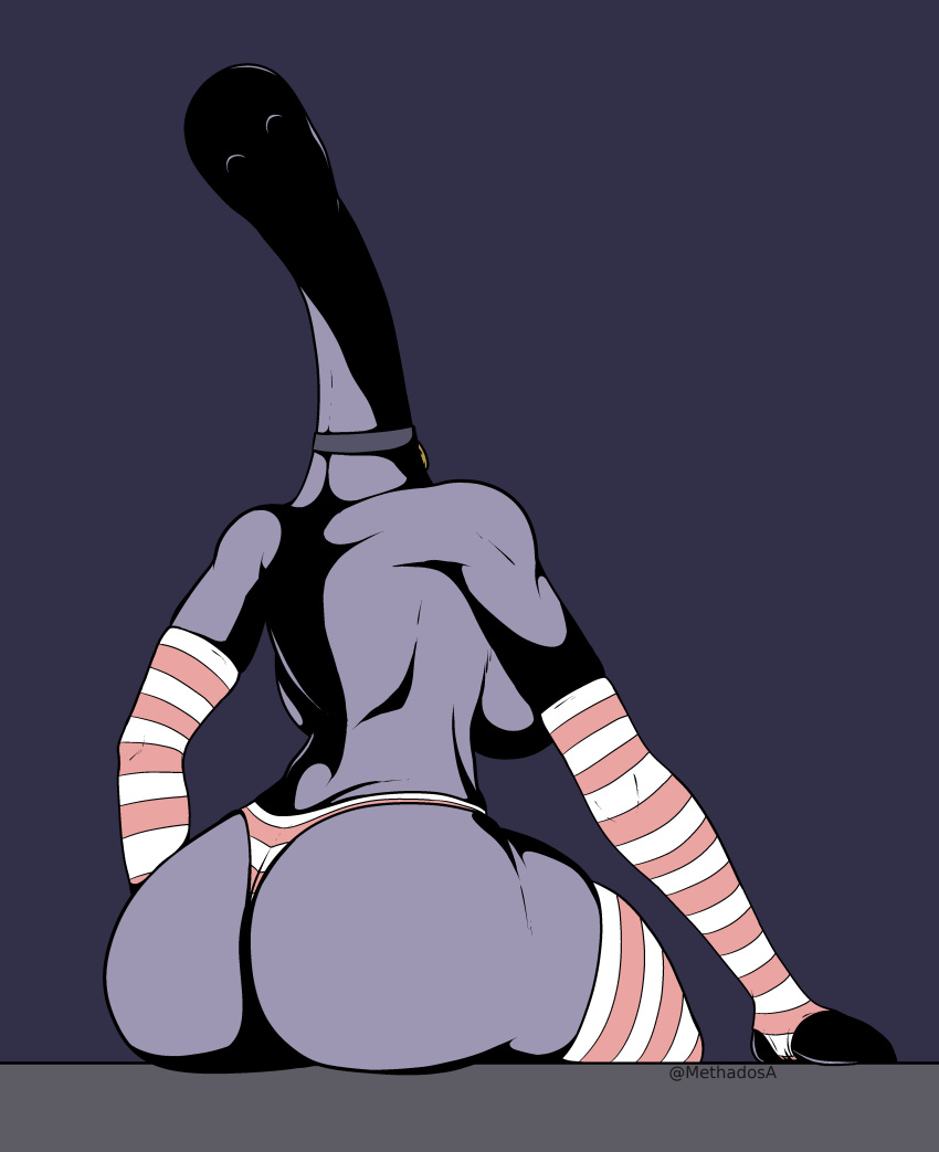 Rule 34 - 1girls alternate (mandela catalogue) arm warmers ass big ass big  breasts breasts busty collar dark purple background fanart female from  behind grey skin horror leggings long neck mandela catalogue