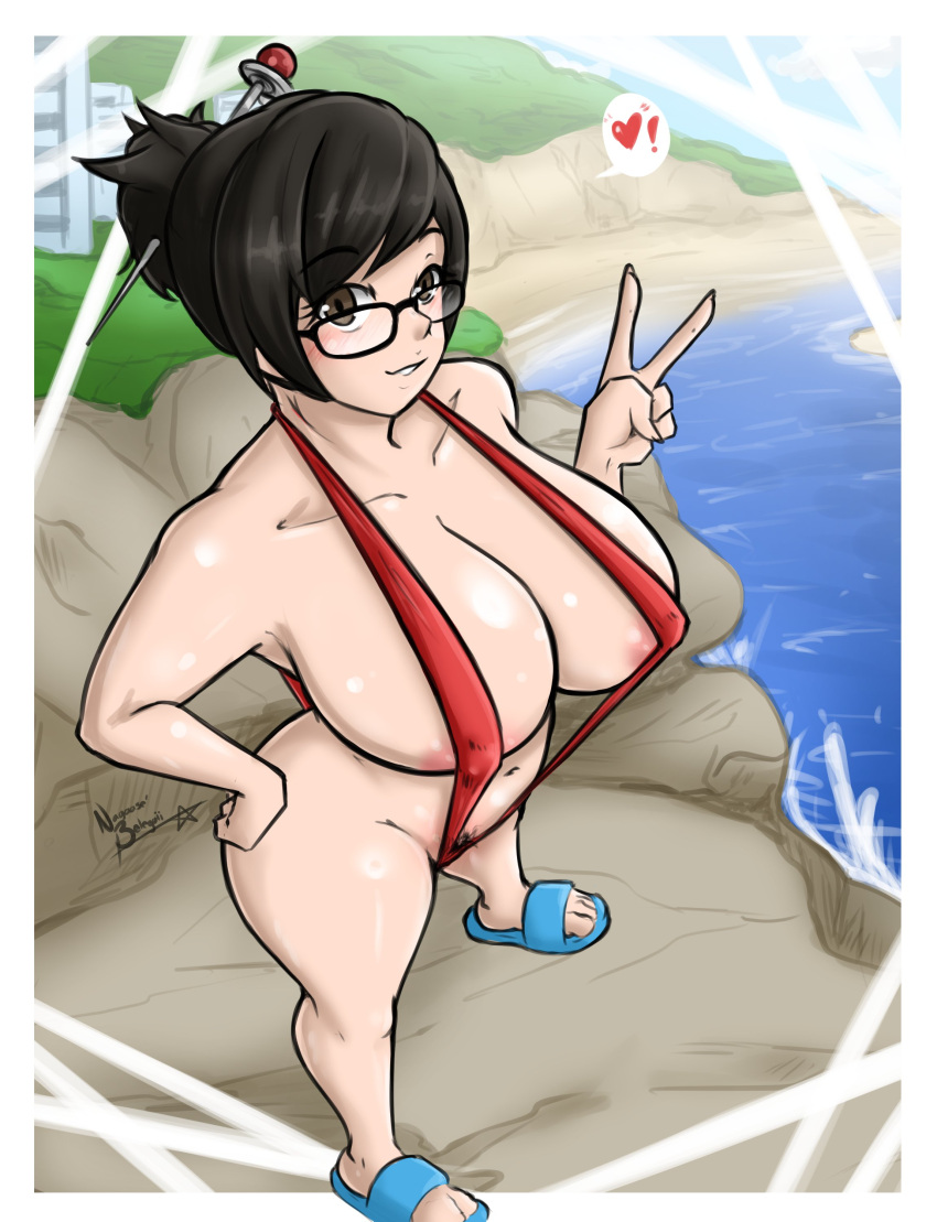 1girls areola areola_slip areolae areolae_slip barely_contained_breasts barely_covered big_breasts breasts brown_hair exposed_stomach female female_only glasses large_breasts mei_(overwatch) nayaase_beleguii overwatch overwatch_2 red_sling_bikini red_slingshot_swimsuit short_hair skimpy skimpy_clothes skimpy_outfit sling_bikini slingshot_swimsuit smile solo