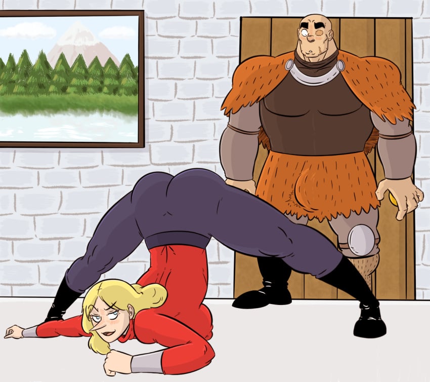 bald big_breasts big_bulge blonde_female blonde_hair bulge dead_meme dorshe excited exposing_ass huge_ass huge_male jack-o_pose muscle_man ousama_ranking queen_hilling ranking_of_kings surprised