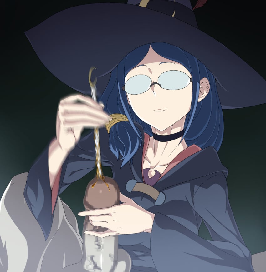 1boy 1girl alternate_version_available artist_request blue_hair censored clothed crazy female glasses insertion little_witch_academia long_hair male_urethral_insertion milf pain painful painful_insertion penis penis_insertion red_eyes sadism sadistic sadistic_girl simple_background smile stick thighs torture urethral_insertion ursula_callistis weird witch witch_hat