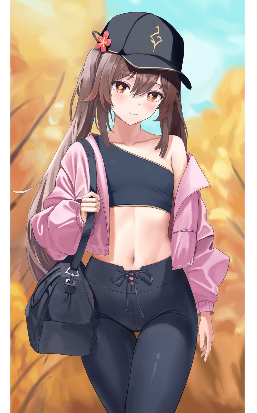 1girls absurd_res absurdres alternate_costume alternate_outfit bare_shoulders baseball_cap belly belly_button black_headwear black_pants blush blush_lines blushing_at_viewer breasts brown_hair chel_(user_mcme3455) crop_top fashion female female_focus female_only flat_chest flat_chested genshin_impact hat hi_res high_resolution highres hu_tao_(genshin_impact) jacket light-skinned_female light_skin long_hair looking_at_viewer midriff navel off_shoulder only_female open_clothes open_jacket outdoors pants pink_jacket red_eyes shiny shiny_clothes shiny_hair shirt single-shoulder_shirt skin_tight small_breasts smile smiling smiling_at_viewer solo solo_female solo_focus stomach streetwear tree twintails