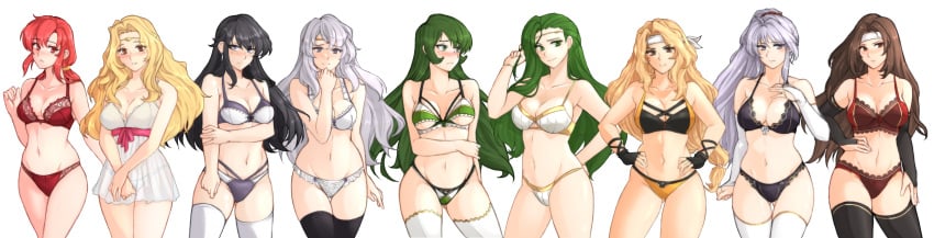 6+girls 9girls absurdres altena_(fire_emblem) alternate_costume angry annand_(fire_emblem) ass_visible_through_thighs ayra_(fire_emblem) bandana bangs bare_shoulders bikini black_bikini black_bra black_gloves black_hair black_panties blonde_hair blush bra breasts bridal_gauntlets brigid_(fire_emblem) brown_eyes brown_hair circlet cleavage clenched_hand collarbone cowboy_shot deirdre_(fire_emblem) edain_(fire_emblem) elbow_gloves embarrassed embarrassed_underwear_female erinys_(fire_emblem) ethlyn_(fire_emblem) euf female female_only fingerless_gloves fire_emblem fire_emblem:_genealogy_of_the_holy_war fire_emblem:_thracia_776 gloves green_eyes green_hair green_panties grey_hair hand_on_hip hand_on_own_chest hands_on_hips headband highres ishtar_(fire_emblem) jewelry large_breasts light_purple_hair lingerie long_hair looking_at_viewer looking_to_the_side medium_breasts medium_hair midriff mother_and_daughter multiple_girls navel nintendo own_hands_together panties ponytail purple_eyes purple_hair purple_panties red_bra red_eyes red_hair red_panties see-through siblings simple_background smile standing stomach swimsuit thighhighs thighs transparent_background tridisart twins two-tone_bikini underwear very_long_hair wavy_hair white_background white_bra white_negligee white_panties yellow_bikini yellow_panties zettai_ryouiki