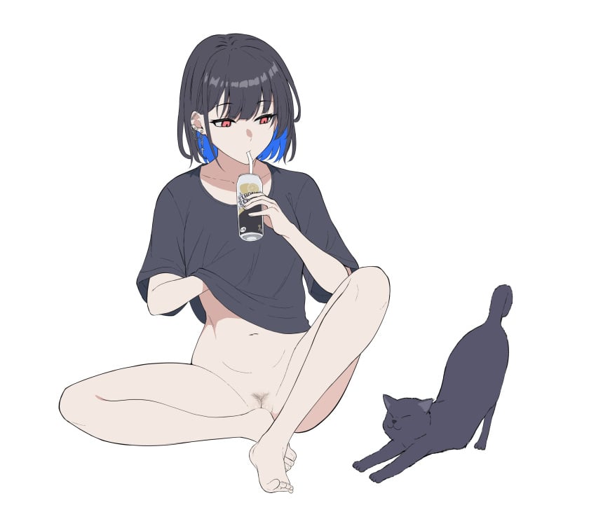 bangs barefoot black_cat black_hair black_shirt blue_hair bottomless can chains closed_eyes clothes_lift colored_inner_hair cross cross_earrings drinking drinking_straw drinking_straw_in_mouth ear_piercing earrings feet feline female female_admiral_(kantai_collection) female_pubic_hair full_body hand_under_clothes hand_under_shirt hand_up highres holding holding_can jewelry kantai_collection legs lifted_by_self looking_at_animal mouth_hold multicolored_hair naked_shirt navel original piercing pubic_hair pussy red_eyes shirt shirt_lift short_hair short_sleeves simple_background sitting sparse_pubic_hair stretching strong_zero t-shirt takaman_(gaffe) toenails toes white_background