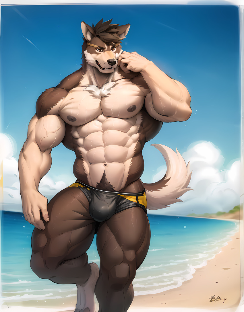 1boy 2023 abs ai_generated animal_ears anthro anthro_male anthro_only bara beach brown_fur bulge chest_hair cloud day dog_boy dog_ears dog_tail furry furry_male large_pectorals looking_at_viewer male male_anthro male_only male_swimwear manly muscular muscular_male navel navel_hair nipples ocean outdoors pectorals sand short_hair sky solo stable_diffusion stomach swim_briefs tail thick_arms thick_eyebrows thick_thighs thighs topless_male water wet wolf_ears wolf_tail