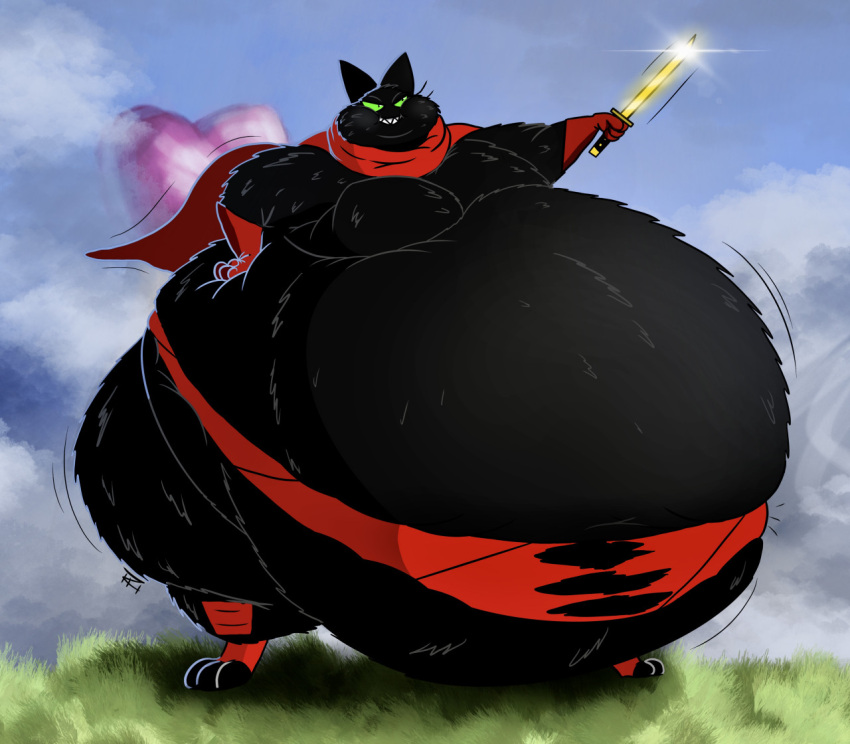 ass belly big_ass big_butt blue_sky cape chubby_cheeks chubby_male clouds cute felid feline feline_ears felis gloves grass green_eyes huge_belly ian-exe katana male mao_mao:_heroes_of_pure_heart obese red_cape red_clothes red_gloves sheriff_mao_mao_mao smile sword torn_clothes torn_clothing