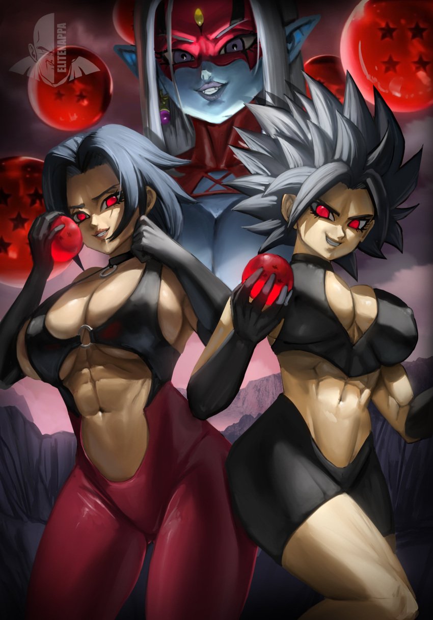 3girls abs black_hair blue-skinned_female blue_eyes blue_skin caulifla corruption dragon_ball dragon_balls elitenappa enemy_conversion evil_grin female female_only female_saiyan holding_object kale large_breasts looking_at_viewer nipples_visible_through_clothing red_eyes skimpy_clothes spiky_hair thighs tight_clothing tights towa universe_6 universe_6/universe_7 white_hair