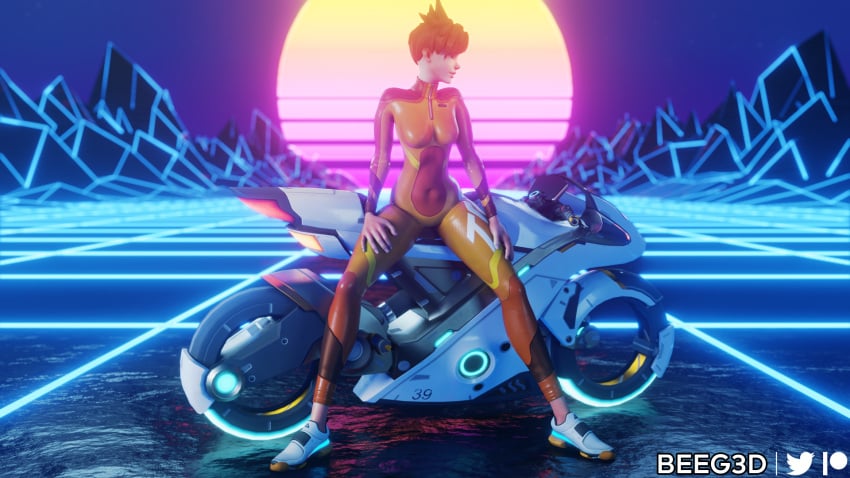 3d beeg3d bike bodysuit brown_hair clothed clothing female female_only footwear human jumpsuit leggings light-skinned_female motorcycle overwatch pale_skin skin_tight skinsuit smile smiling solo solo_female synthwave tracer vehicle