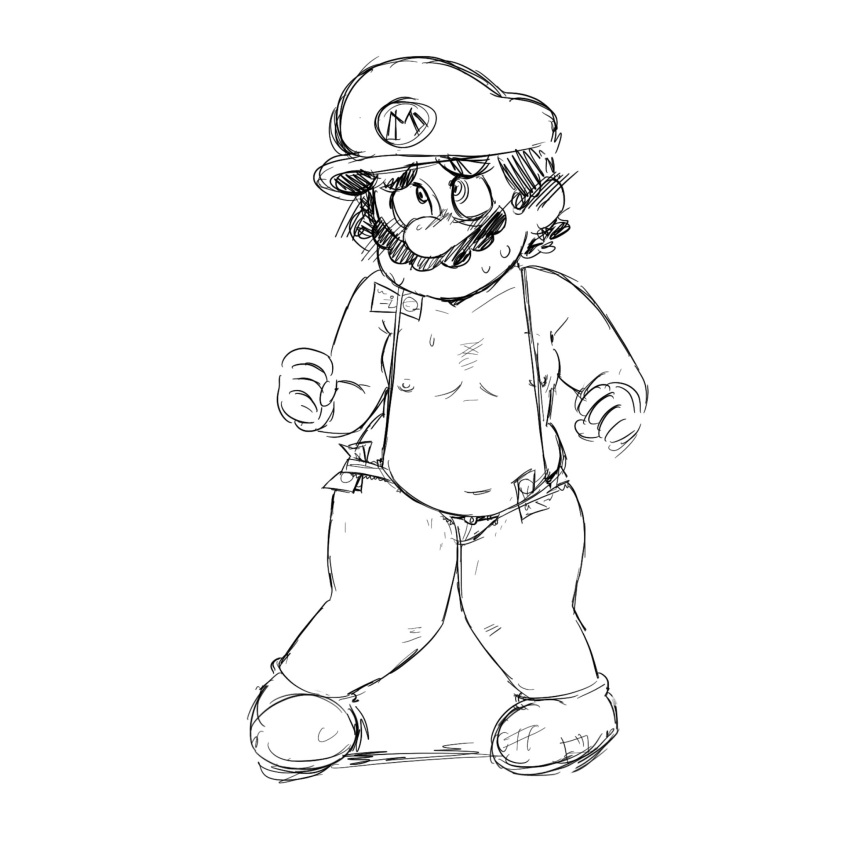 1boy 2022 belly black_and_white blush chubby chubby_male digital_media_(artwork) full_body gloves hat human male male_only mario mario_(series) money money_under_clothes moobs mostly_nude moustache nipples no_visible_genitalia partially_clothed shoes short_hair sketch solo solo_male standing sweatdrop wokky