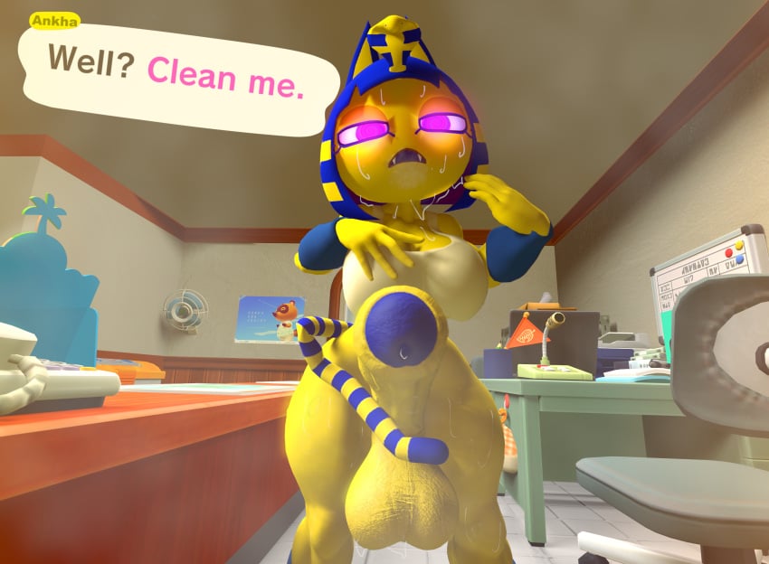 1futa 3d_(artwork) abyssinian_cat animal_crossing ankha ankha_(animal_crossing) anthro big_penis blue_hair blue_penis_tip blue_stripes bodily_fluids bottomless bracelet chair clothed clothing curvy_figure desk dialogue dialogue_box digital_media_(artwork) domestic_cat egyptian fanning fanning_self felid feline felis first_person_view foreskin furniture futa_only futanari genitals glowing glowing_eyes gynomorph hair hi_res huge_cock hypnotic_eyes hypnotizing_viewer imminent_oral imminent_sex intersex jewelry lewdwithlogan looking_at_viewer looking_down looking_down_at_viewer mammal markings mostly_nude multicolored_body multicolored_hair multicolored_tail musk musk_clouds name_in_dialogue nintendo penis phone purple_eyes solo solo_focus source_filmmaker speech_bubble spiral_eyes striped_markings striped_tail stripes sweat sweatdrop table tail tail_markings text tom_nook topwear topwear_only town_hall two_tone_body whiteboard yellow_body yellow_penis