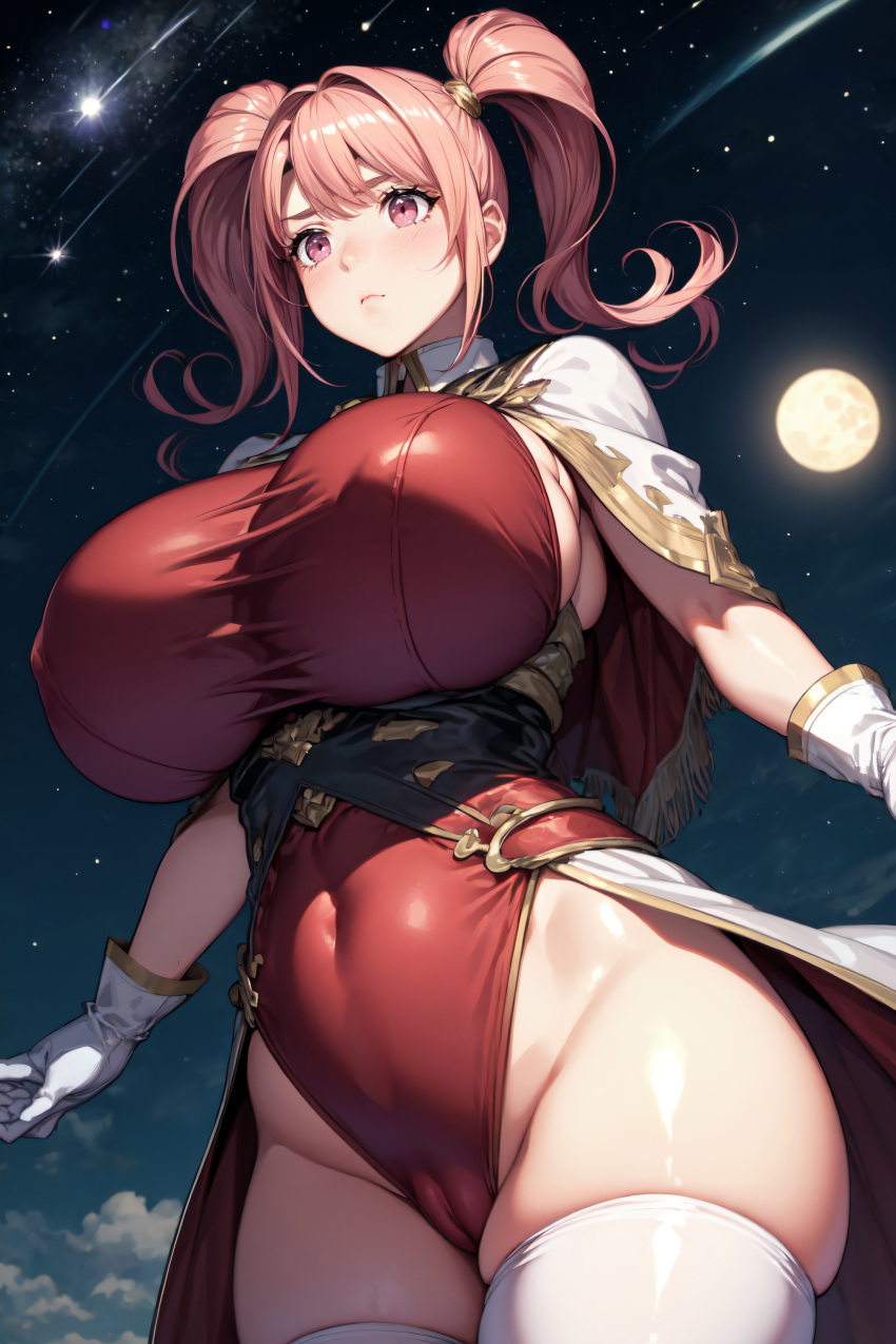 1girls ai_generated alternate_breast_size cameltoe capelet curvy detailed_background fire_emblem fire_emblem_echoes:_shadows_of_valentia from_below full_moon gigantic_breasts huge_breasts intelligent_systems long_hair looking_away mae_(fire_emblem) mature_female narrow_waist nintendo pink_eyes shooting_star stable_diffusion standing star thick_thighs twintails white_gloves white_thighhighs