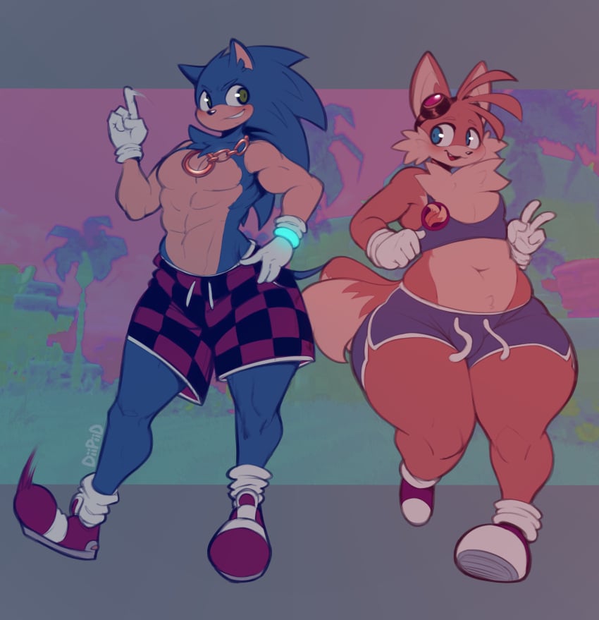 abdominals blue_eyes blue_fur blush checkered checkered_clothes chubby chubby_male diipiid eldiipiid fat green_eyes male_only mobian mobian_(species) mobian_fox mobian_hedgehog nervous nervous_face nervous_smile orange_fur ring_(jewelry) sega shorts sonic_(series) sonic_the_hedgehog sonic_the_hedgehog_(series) tails tails_(disambiguation) tails_the_fox wide_hips