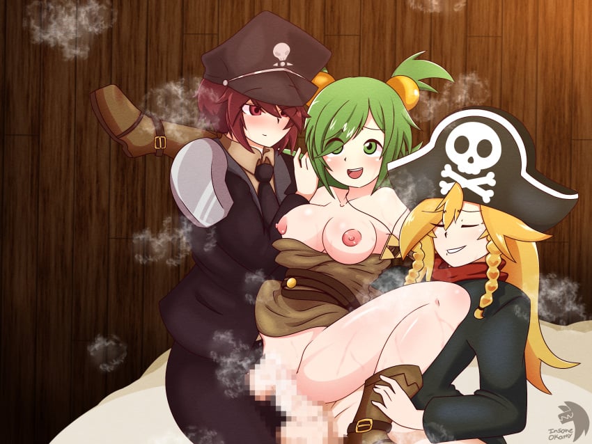 1girls 2boys ahe_gao alternate_version_available anal_sex anna_(ebf) blonde_hair boots braided_hair braids breasts breasts_out censored double_penetration dress epic_battle_fantasy gangbang green_eyes green_hair hat insane_okamy lance_(ebf) matt_(ebf) medium_breasts mosaic_censoring penetration pirate_hat red_eyes red_hair short_twintails threesome twin_braids twintails vagina vaginal_penetration vaginal_sex yellow_eyes