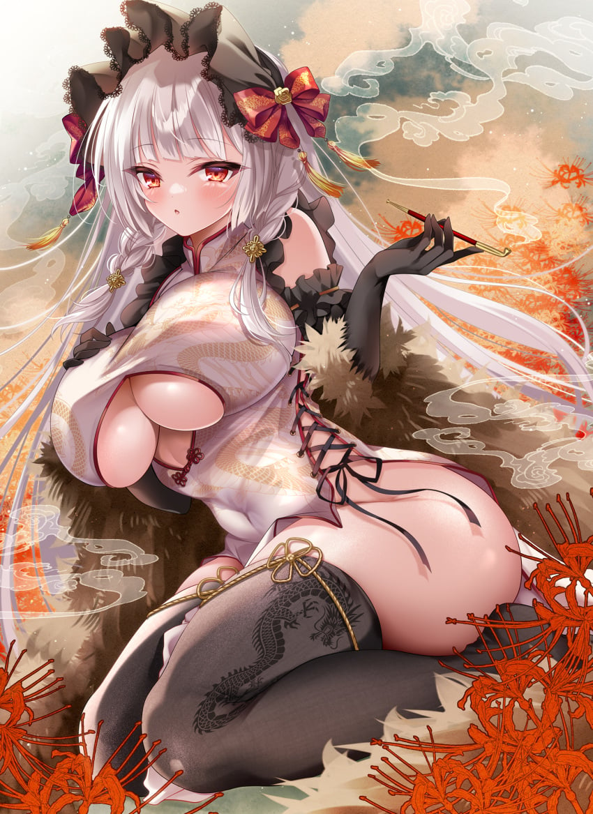 akatsuki_(aktk511) black_gloves black_thighhighs blunt_bangs bow braid breasts china_dress chinese_clothes clothing_cutout commentary cross-laced_slit curvy dragon_print dress elbow_gloves female gloves hairbow higanbana_(onmyoji) highres holding holding_smoking_pipe huge_breasts kiseru looking_at_viewer medium_hair no_panties onmyoji open_mouth paid_reward_available red_bow red_eyes smoke smoking_pipe solo tassel thick_thighs thighhighs thighs twin_braids underboob underboob_cutout white_hair
