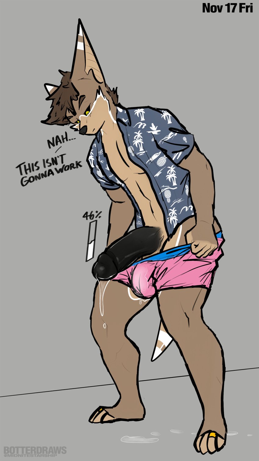 absurd_res aloha_shirt anthro bat big_ears big_penis black_penis black_sclera bodily_fluids botter botter_dork brown_hair clothed clothing cum_meter dialogue digit_ring dripping fangs feet fur genital_fluids genitals glistening glistening_genitalia glistening_penis hair half-erect hi_res humanoid_genitalia hybrid jewelry leaking_precum looking_at_genitalia looking_at_penis looking_at_self male male_only mammal meme mustelid no_nut_november otter partially_clothed pattern_clothing pattern_shirt pattern_topwear penis pink_clothing pink_underwear precum precum_drip precum_on_ground precum_on_own_penis precum_on_penis precum_through_clothing precum_through_underwear ring rio_(botter_dork) shirt simple_background solo tail teeth text toe_ring toes topwear underwear underwear_down wet wet_clothing