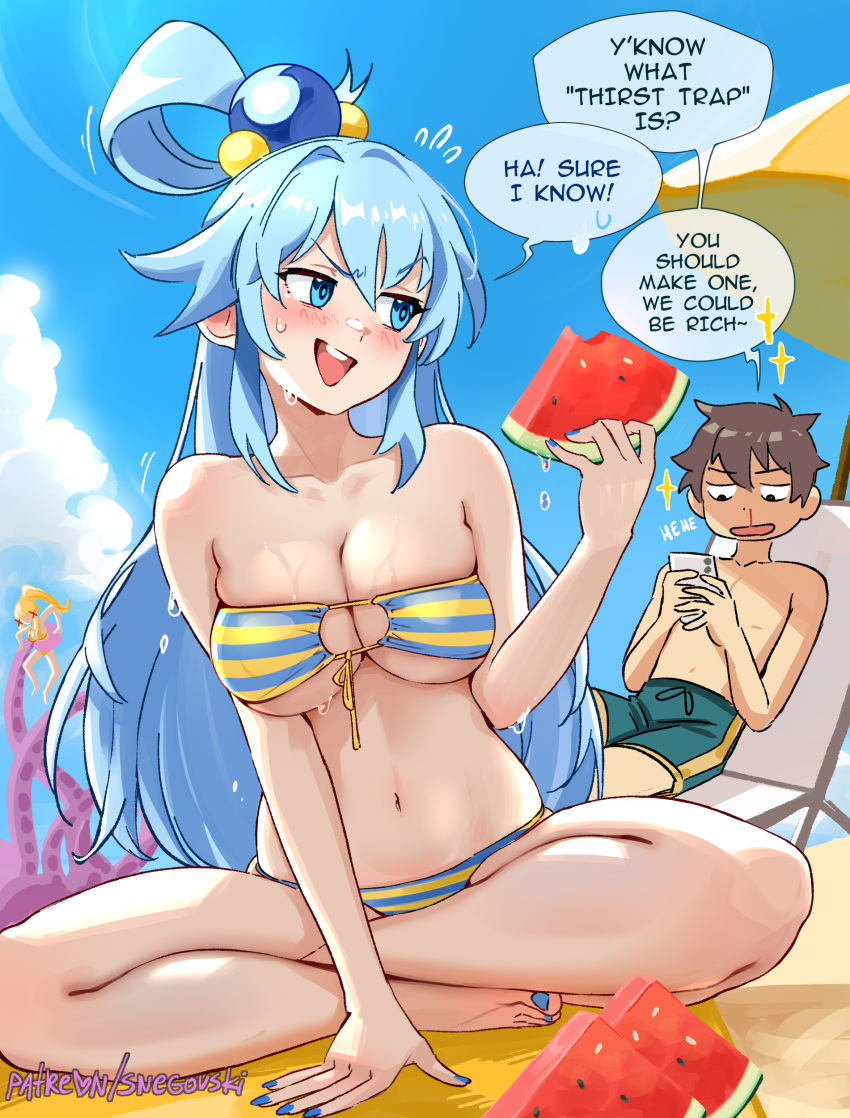 Rule 34 - 1boy 1girls aqua (konosuba) beach big breasts bikini blue ...
