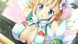 bare_shoulders blonde_hair blue_eyes blush braid breasts cleavage computer_keyboard covered_nipples cum cum_on_body cum_on_breasts cum_on_upper_body elbow_gloves erect_nipples facial female fingernails flower game_cg gertrude_eyguebelle gloves hair_flower hair_ornament hairband kantaka large_breasts long_hair maou_no_kuse_ni_namaiki_da! monitor open_mouth solo sparkle tied_hair rating:Explicit score:25 user:bot