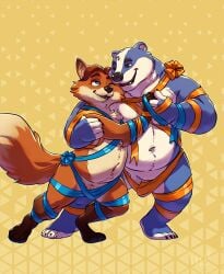  2024 anthro badger barely_visible_genitalia barely_visible_penis belly blue_body canid canine disney duo fan_character fox genitals gideon_grey guffaw hug humanoid_hands male male/male mammal mustelid musteline navel penis slightly_chubby white_body zootopia  rating:explicit score: user:bot
