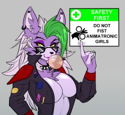 animatronic anthro black_glasses breasts bubble_gum claws clothed clothing collar ear_piercing earring five_nights_at_freddy's five_nights_at_freddy's:_security_breach furry furry_only jacket lipstick necklace notice_board open_clothes open_jacket phaser_automata purple_body purple_eyeshadow purple_lipstick purple_skin roxanne_wolf_(fnaf) smile spiked_collar spikes stripes teeth teeth_visible text two_tone_fur two_tone_hair warning_sign whiskers white_sclera wolf_ears wolf_girl wolf_humanoid yellow_eyes rating:Explicit score:120 user:Leandro12