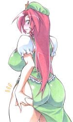 1girls big_butt blush braid breasts butt butt_grab chinese_clothes curvy deep_skin frills grabbing_butt grabbing_own_butt green_clothing green_eyes hat hong_meiling huge_breasts huge_butt large_butt long_hair looking_back plump puffy_short_sleeves sideboob solo standing sweat thick_thighs thighs touhou uccow voluptuous voluptuous_female weight_conscious wide_hips