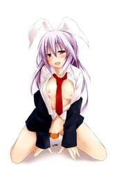  1girls all_fours animal_ears blazer blush bottomless breasts bunny_ears carrot censored dd_mayohara dildo dress_shirt female fur highres insertion kneeling long_hair necktie nipples no_bra open_mouth open_skirt purple_hair pussy_juice red_eyes reisen_udongein_inaba shirt simple_background smile solo touhou vegetable_dildo white_background 