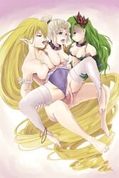  3girls barbariccia blue_eyes blush breast_grab breasts cleavage collar cum cum_in_pussy cum_inside female final_fantasy final_fantasy_iv futa_on_female futa_with_female futanari green_hair highres intersex katatuki large_breasts leg_grab long_hair nipples open_mouth penis pointy_ears ponytail pussy rosa_farrell rydia sex smile spread_legs suspension tears threesome tiara tied_hair toeless_socks toes tongue tongue_out topless transformation vaginal_penetration very_long_hair 