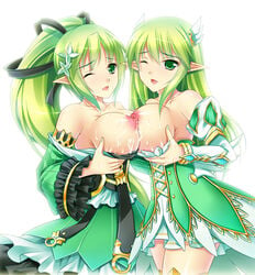 breasts cum elf elsword female grand_archer_(elsword) multiple_girls nipples rena_(elsword) symmetrical_docking thighhighs tsukimi_kirara wind_sneaker_(elsword) yuri 
