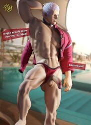  1boy 1human 1male 3d 3d_(artwork) 3d_model dialogue dialogue_bubble flaccid flaccid_cock flaccid_penis king_of_fighters male male_focus male_only muscular piffy snk solo solo_focus solo_male tan-skinned_male tan_skin thong_aside white_hair yashiro_nanakase 