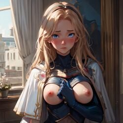  1girls ai_generated armor blonde_hair blue_eyes blush blush bodysuit breasts breasts breasts_out cape embarrassed female hairband half-dressed league_of_legends lips long_hair luxanna_crownguard ww132 