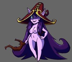  1girls animal_ears breasts female female_only green_eyes hand_on_hip hat league_of_legends long_hair lulu_the_fae_sorceress nipples nude purple_hair purple_skin pussy riot_games smile solo staff standing stompertron very_long_hair wink witch_hat yordle 