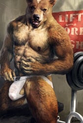  anthro balls bear big bulge furry gym jockstrap kosiaks looking_at_viewer male male_only muscles navel nipples no_humans solo topless underwear 