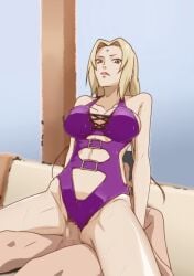  1girls blonde_hair breasts brown_eyes censored cleavage closed_mouth clothed_female_nude_male clothing_aside couch cowgirl_position facial_mark female forehead_mark groin highres indoors kyabakurabakufu large_breasts legs long_hair lying mosaic_censoring naruto naruto_(series) naruto_shippuden nude penis pussy reverse_cowgirl_position sex sex_from_behind straddling sweat swimsuit swimsuit_aside thighs tsunade twintails vaginal_penetration 