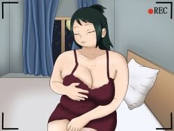  1girls bbw big_breasts boku_no_hero_academia breasts camera_view chubby chubby_female closed_eyes dress female female_only green_eyes green_hair hand_on_breast hand_on_own_breast indoors inko_midoriya light-skinned_female light_skin mature_female midoriya_inko my_hero_academia nap&acute;sart on_bed ponytail recording red_dress smooth_skin thick_thighs tied_hair tummy 