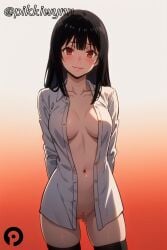  ai_generated arms_behind_back bangs black_hair black_thighhighs blush breasts censor_pixel censored censored_pussy closed_mouth coat collarbone cowboy_shot dress_shirt female gradient gradient_background half_naked half_naked_female jabami_yumeko kakegurui long_hair looking_at_viewer medium_breasts naked_shirt navel no_bra open_clothes open_shirt pikkiwynn red_eyes shirt smile solo thighhighs white_shirt 