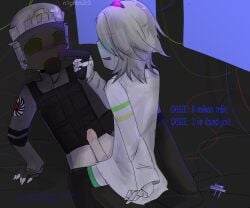  2boys blush blush_through_mask body_armor bottom_on_top cassie_(scp_secret_laboratory) chaos_insurgency english_text femboy gas_mask gun helmet helpless male/femboy monitor monitors pants_down power_bottom robot robot_humanoid russian_text scared_expression scp_foundation scp_guard scp_secret_laboratory self_upload smile smug_expression smug_face stockings tactical_clothes threatening wires 