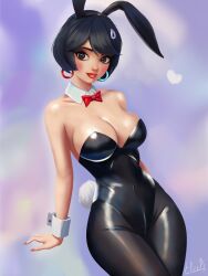  1girls 2d 2d_(artwork) athletic athletic_female big_breasts black_hair breasts bunny_costume bunny_ear bunny_ears bunny_ears_headband bunny_girl bunny_tail bunnysuit cleavage clothed clothing costume digital_drawing_(artwork) digital_media_(artwork) earrings eleckart epic_games evie_(fortnite) female female_focus female_only fortnite fortnite:_battle_royale headband headwear light-skinned_female light_skin medium_breasts outfit pose posing presenting smile smiling solo solo_focus standing thick_thighs tie watermark 