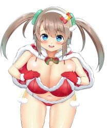  1girls ass_visible_through_thighs bangs bikini blue_eyes blush breasts breasts_bigger_than_head brown_hair capelet christmas cleavage fur-trimmed_capelet fur_trim gloves hairband hands_on_own_chest huge_breasts leaning_forward lingerie long_hair looking_at_viewer marvelous minori_(senran_kagura) nagashima_l navel open_mouth red_bikini red_gloves santa_bikini senran_kagura senran_kagura_(series) senran_kagura_estival_versus senran_kagura_new_link senran_kagura_shinovi_versus shiny shiny_skin shortstack simple_background smile solo thighs twintails untied_bikini untied_bra white_background 