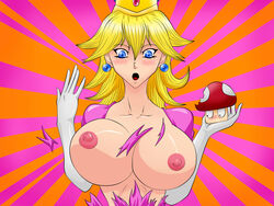  1girls blue_eyes blush breast_expansion breasts bursting_breasts bust clothes color crown earrings female female_only front_view gloves huge_breasts human long_hair mario_(series) mushroom nintendo nipples orange_background pink_background princess_peach solo super_mario_bros. surprised torn_clothes war-off-evil 